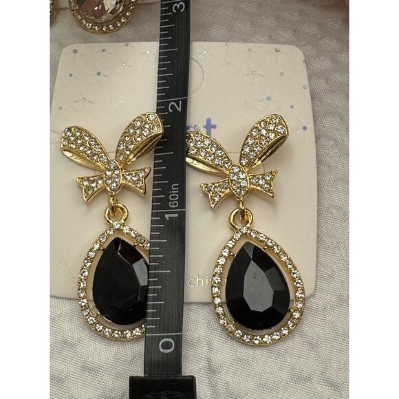 Gold Bow Drop Earrings with Black Teardrop Crystal and Rhinestone Accents - NEW - Picture 5 of 5